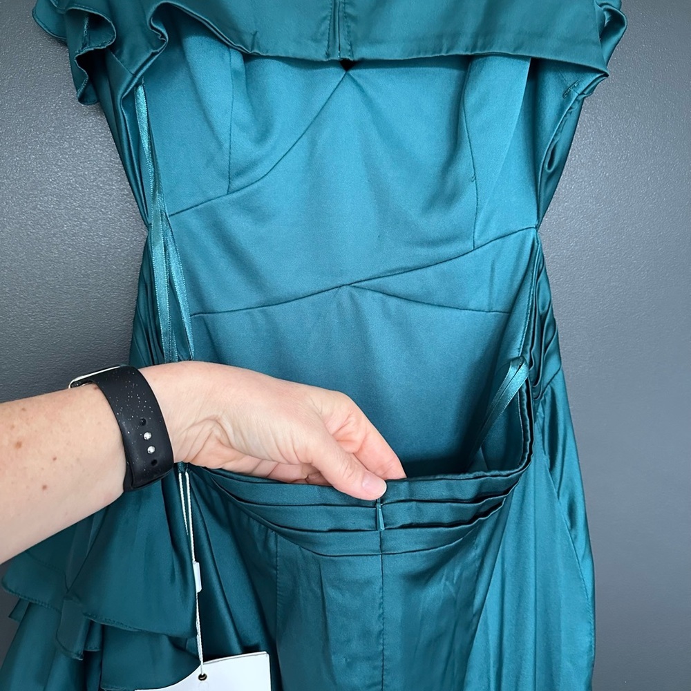 NWT | Mac Duggal | 49529 | Teal Ruffle High Low Asymmetric Dress - Picture 7 of 9